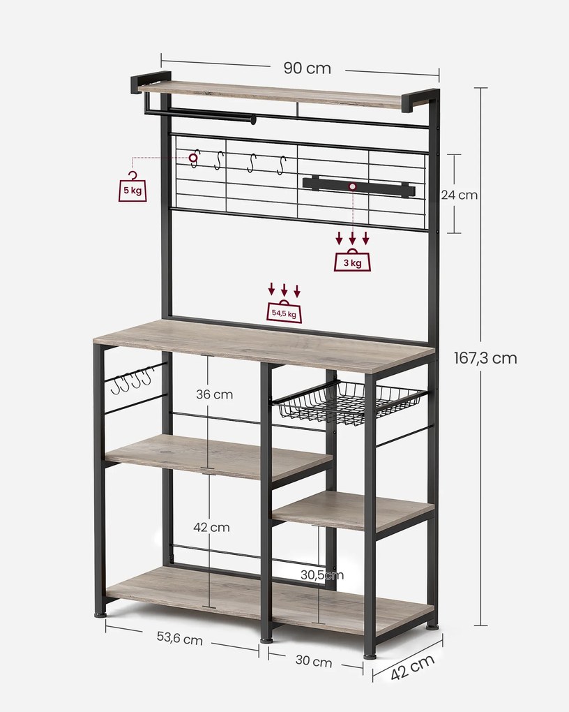 Armário de cozinha com 12 ganchos 42 x 90 x 167,3 cm preto-greige