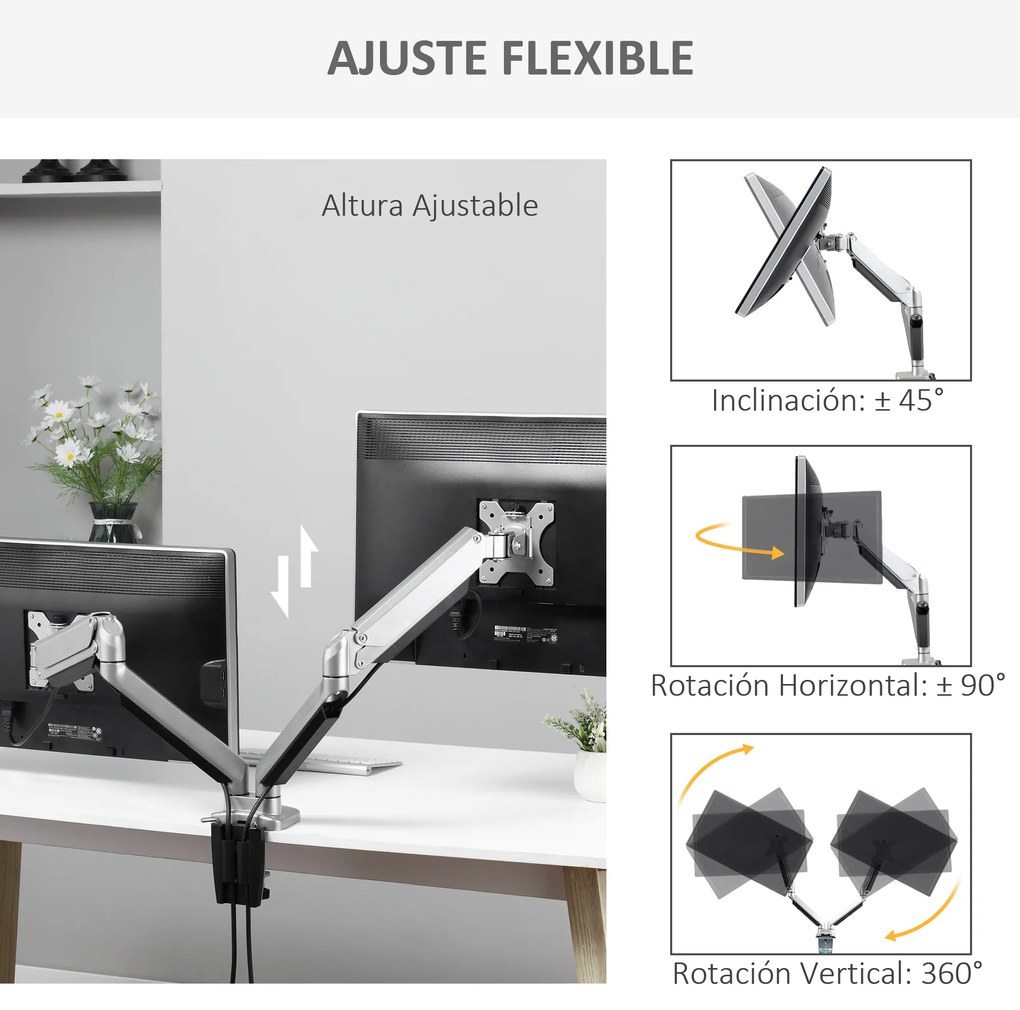 Vinsetto Suporte para Monitor Duplo para Telas LED LCD de 13"-32" Polegadas VESA 75/100mm com Braçadeira Ajustável Giratório 360° e 2 Opções de Montagem 93x11x47cm Prata