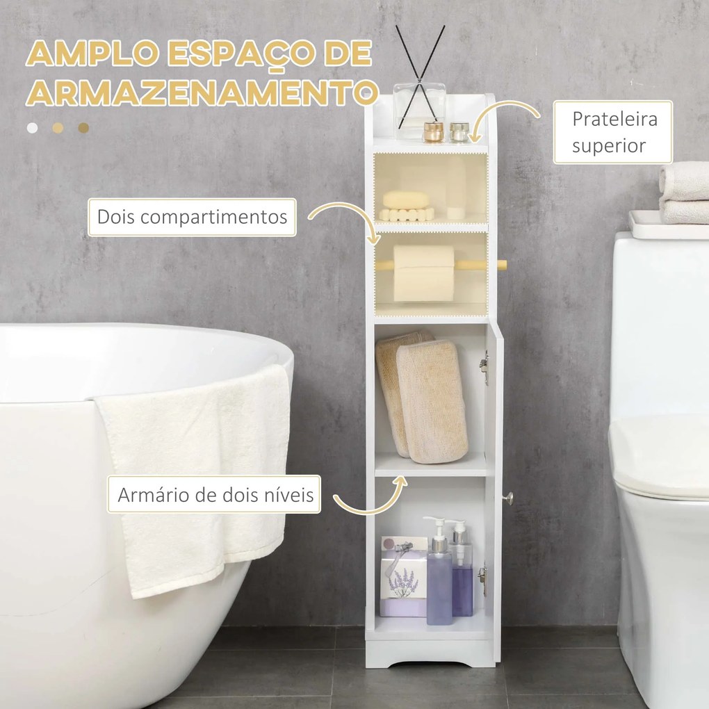 Armário Casa de Banho Armário Auxiliar com Prateleira Ajustável e Suporte para Papel Higiênico 23x18x100 cm Branco