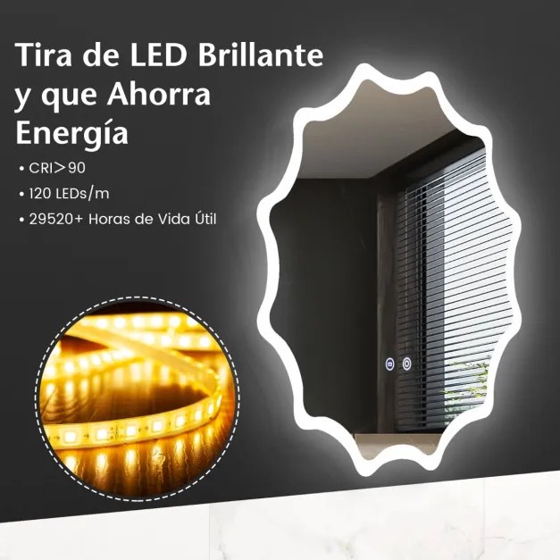 Espelho de casa de banho LED 60 x 60 cm Espelho de casa de banho sensível ao toque com botão de toque 60 x 60 cm com rebordo ondulado 3 luzes colorida