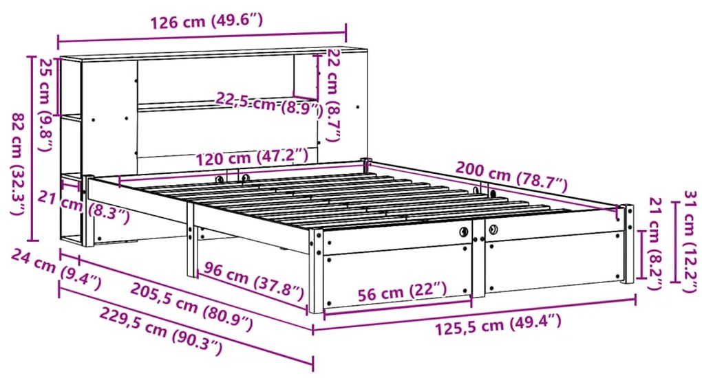 Cama com estante sem colchão 120x200 cm pinho maciço branco