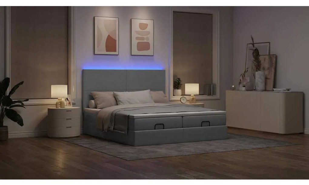 Estrutura de cama otomana com colchões tecido cinzento claro
