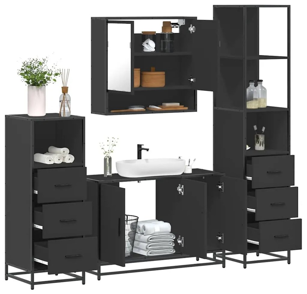 vidaXL 4 pcs conjunto móveis casa de banho derivados de madeira preto