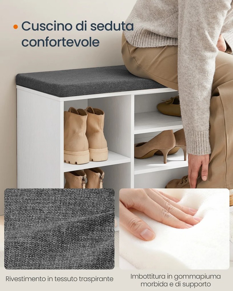 Banco para sapatos 30,5 x 104 x 48 cm (P x L x A) com espaço de arrumação e compartimentos abertos ajustáveis