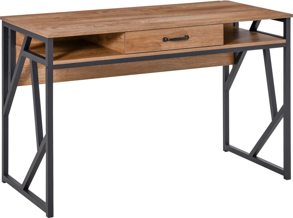 Secretária de estilo industrial, 120 x 60 x 76 cm, com gaveta + 2 nichos, base em metal preto, tampo com acabamento em madeira cor de nogueira