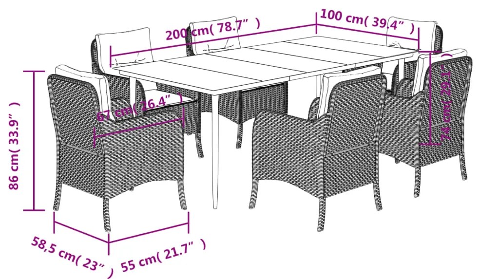 7 pcs conjunto de jantar p/ jardim com almofadões vime PE bege