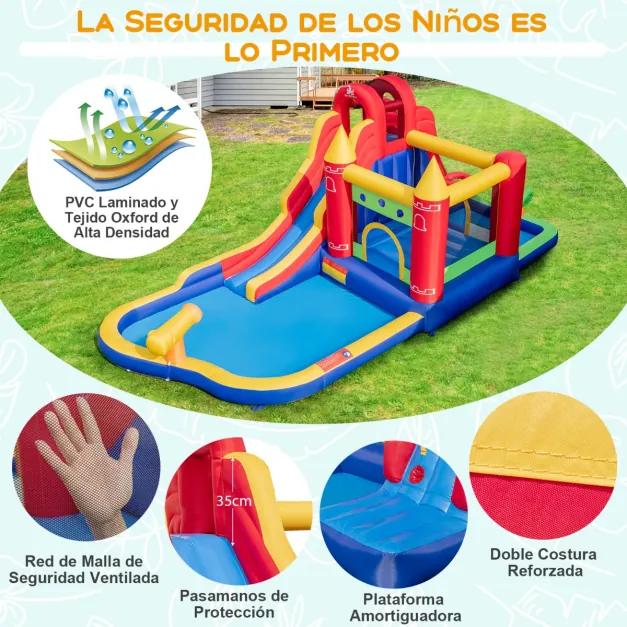 Castelo aquático insuflável grande 7 em 1 para crianças dos 3 aos 10 anos com insuflador, escorrega, canhão de água e piscina 624 x 270 x 235 cm Multi