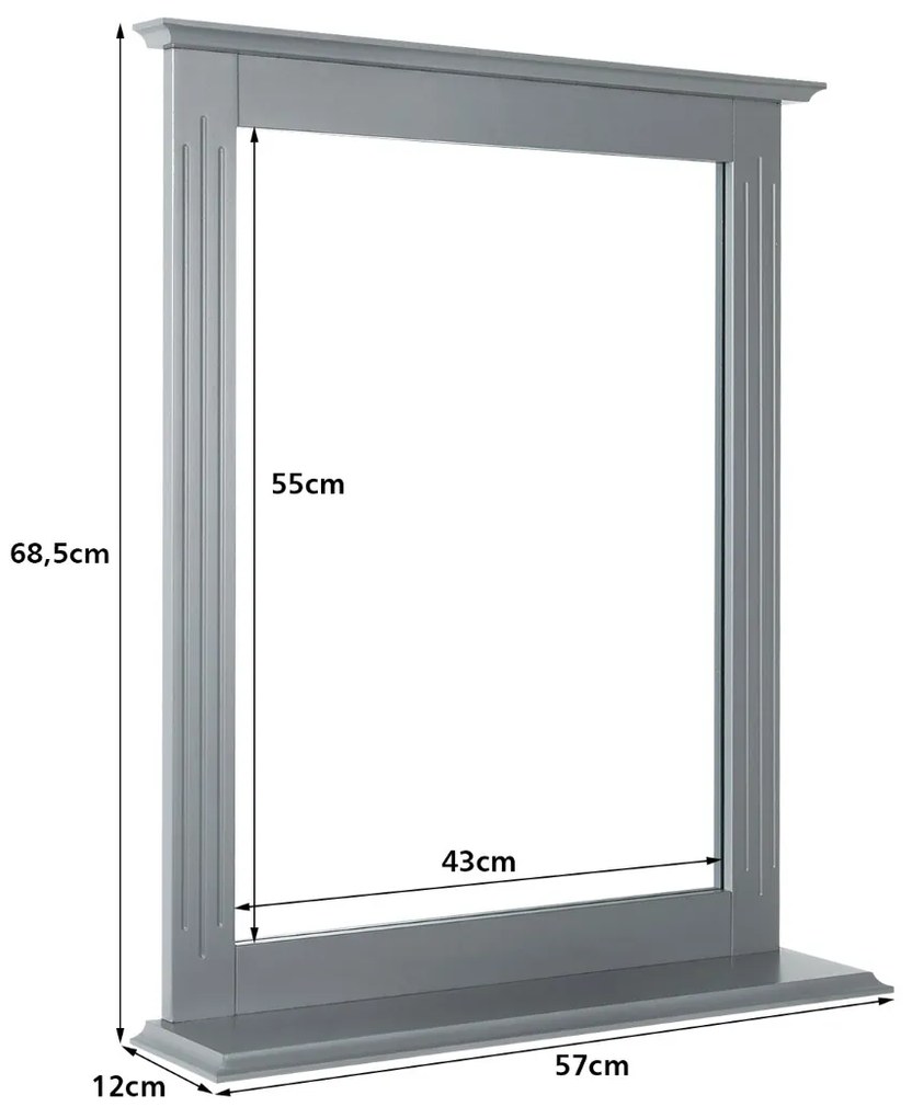 Espelho de casa de banho com prateleira adicional, espelho de parede para pia de banheiro, quarto 57 x 12 x 68,5 cm cinzento