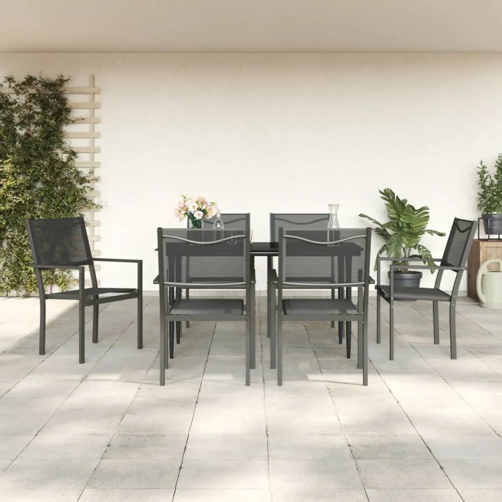 7 pcs conjunto de jantar para jardim aço e textilene preto