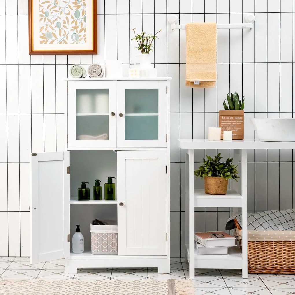 Armário Organizador de Banheiro Cozinha Multiuso Anti-Tombamento com 4 Portas de Vidro Prateleiras Ajustáveis para Sala Cozinha Corredor 58 x 30 x 1