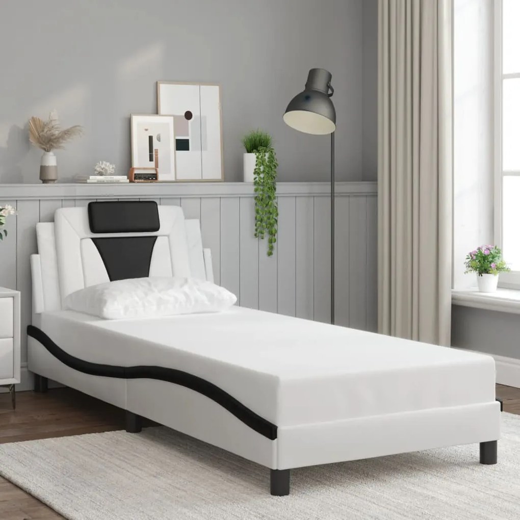 Estrutura cama c/ luzes LED 90x200cm couro artif. branco/preto