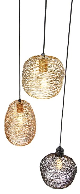 Candeeiro de suspensão preto dourado e cobre redondo 3-luzes - Sarella Design