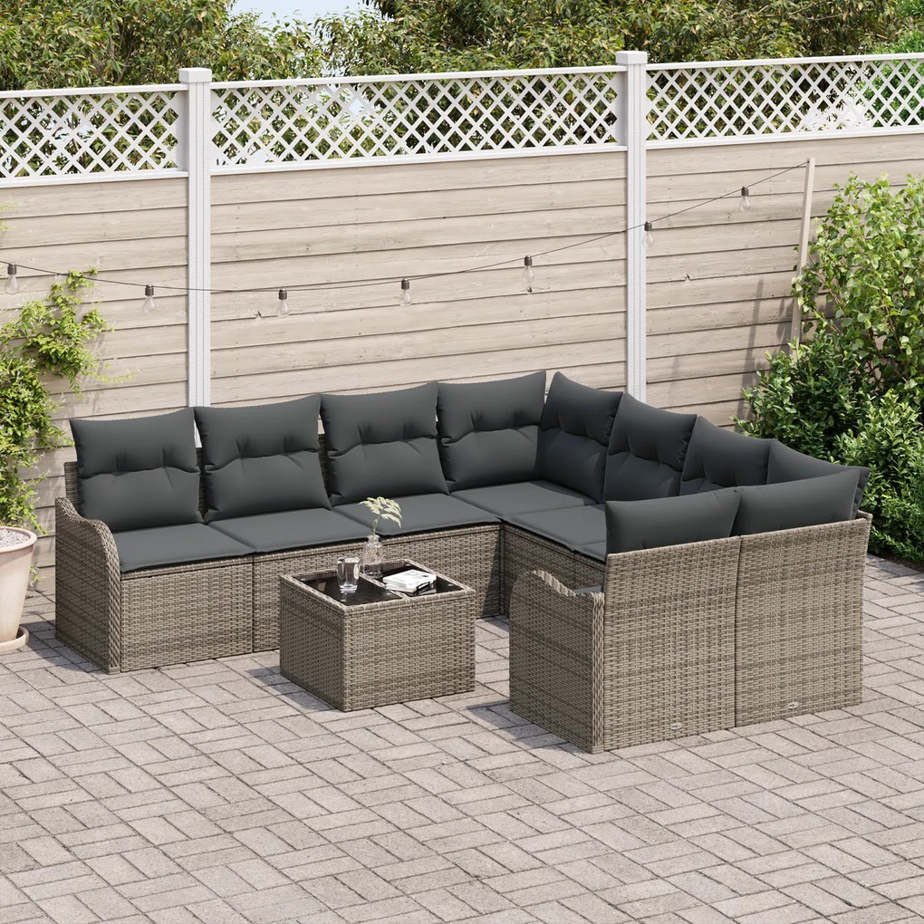 Conjunto de Sofás de Jardim vidaXL de 9 Peças com Almofadas Cinza Vime