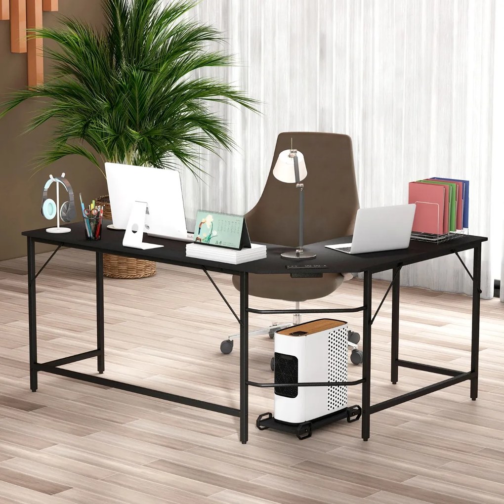 Mesa de computador em formato de L com tomada elétrica, suporte para CPU e estrutura de metal resistente, mesa de canto natural