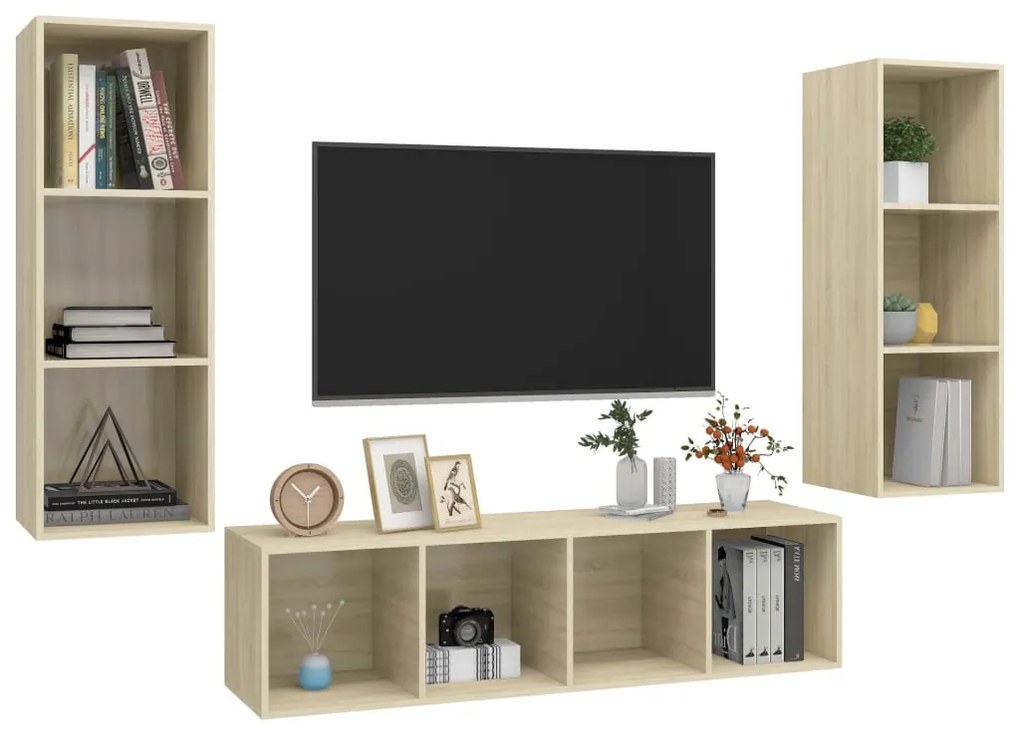 3 pcs conjunto móveis de TV derivados madeira carvalho sonoma