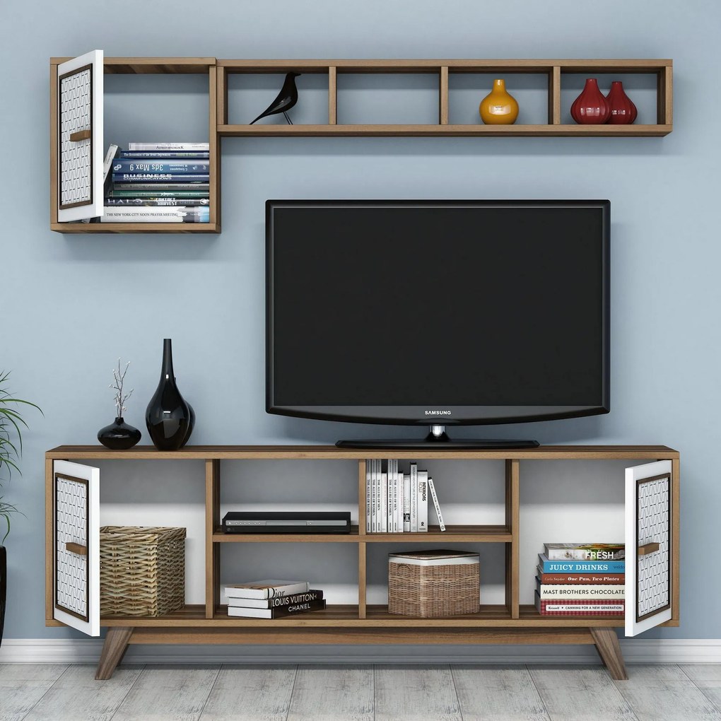 Conjunto de Mobiliário de Sala Ayla – Nogueira e Branco – TV Unit: 160