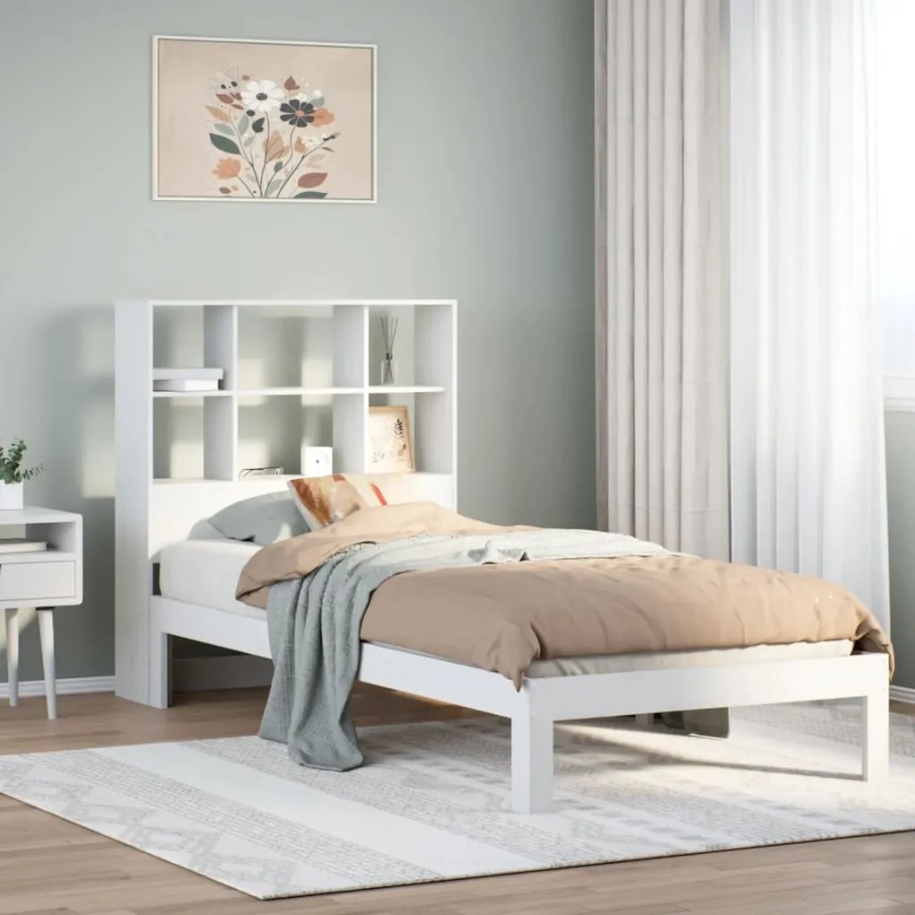 vidaXL Cama com estante sem colchão 90x200 cm pinho maciço branco