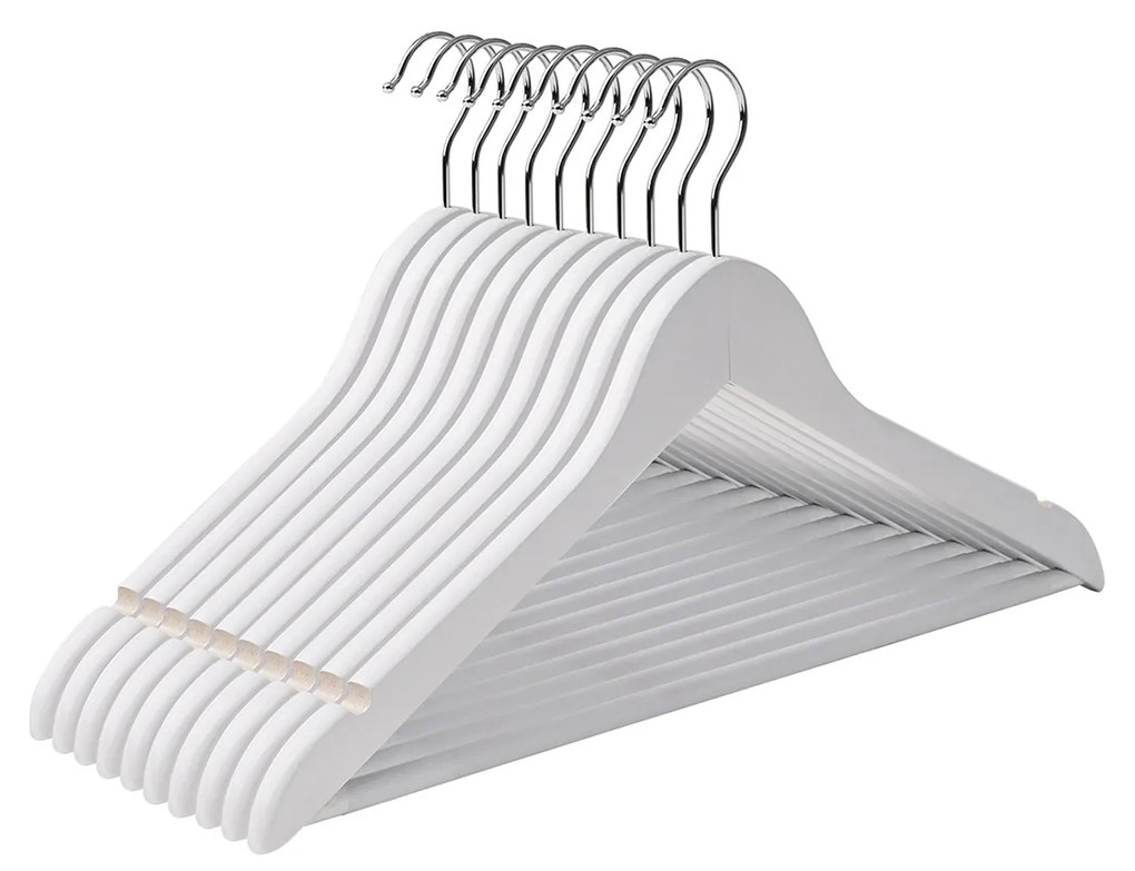 Cabides de madeira SONGMICS, conjunto de 10, cabides para casacos, cabides para roupas, com entalhes nos ombros, barra antiderrapante para calças, gancho giratório 360°, para ternos, camisas, casacos, branco CRW03W10