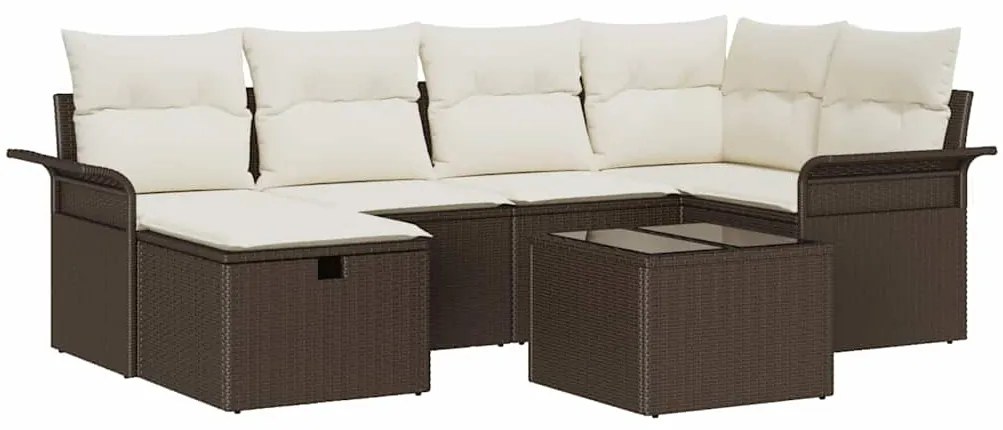 Conjunto de Sofá de Jardim de 7 Peças com Almofadas Castanho Poliratta