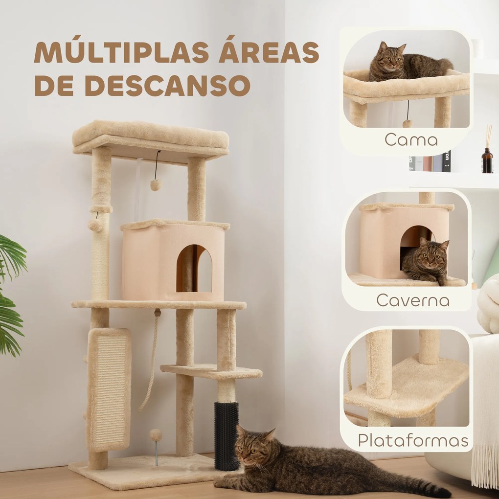 Arranhador para Gatos Grande Altura 132 cm com Plataformas Postes com Escova Bolas Suspensas e Almofadas para Arranhar Bege