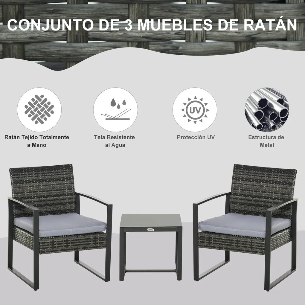 Outsunny Conjunto de Móveis de Jardim de vime 3 Peças com 1 Mesa 42,5x