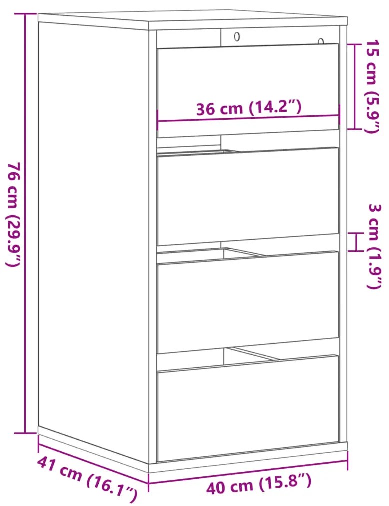 Cómoda com 4 Gavetas - 40x41x76 cm - derivados de madeira - cinzento c