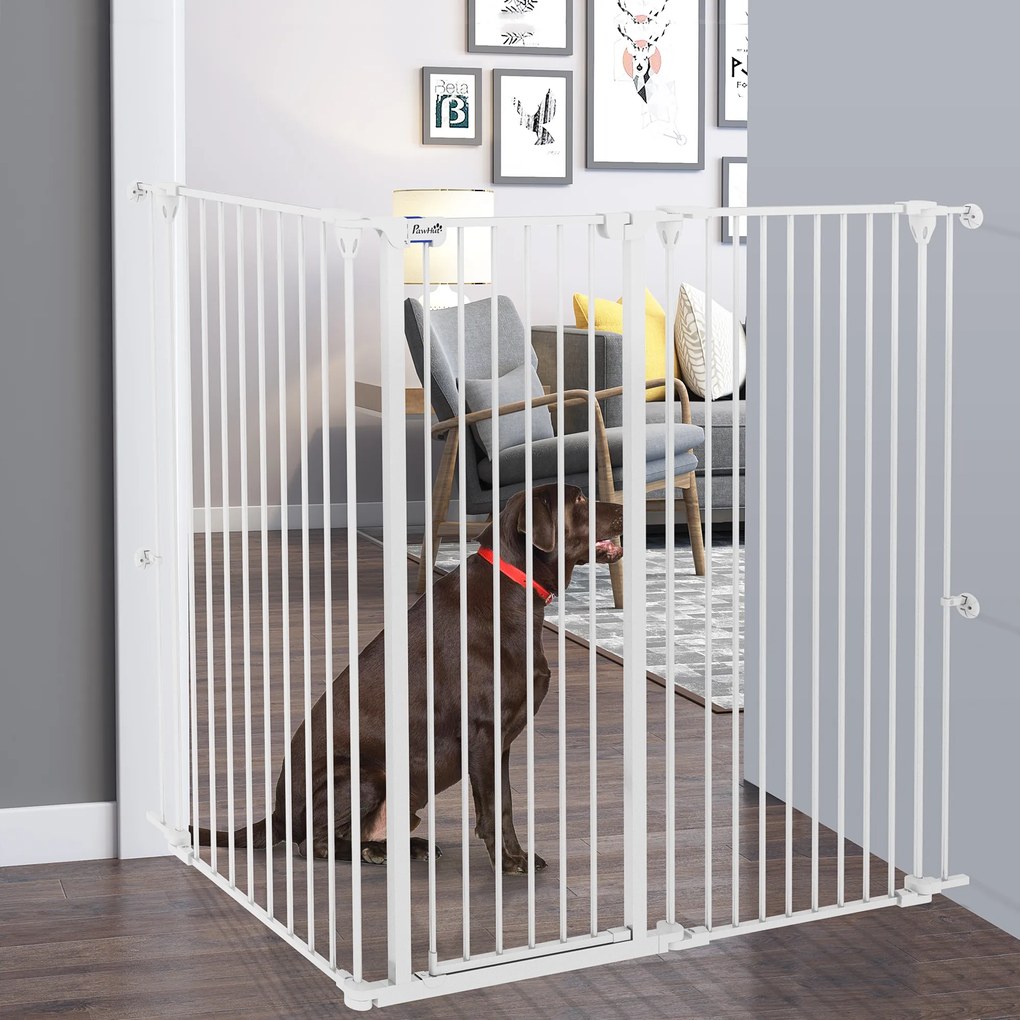 Barreira para cães em aço, com 3 painéis dobráveis, fecho duplo e porta integrada, para portas e escadas, branca