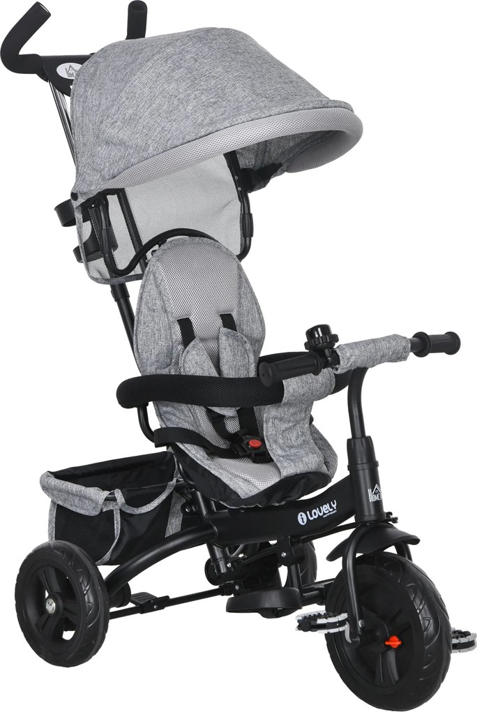 HOMCOM Triciclo Evolutivo Bebés +12 Meses 2 em 1 Toldo Dobrável Guiador Ajustável Cinto Segurança Cesto Grande 95x50x106 cm Cinza | Aosom Portugal