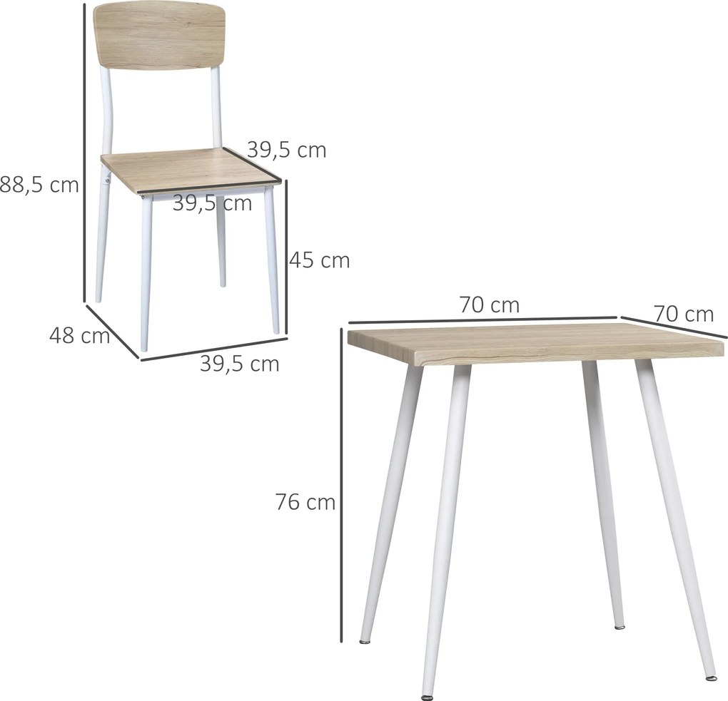 Conjunto de mesa de jantar quadrada de 3 peças com 2 cadeiras para cozinha e sala de jantar, tampo em MDF e estrutura em metal branco