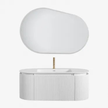 Conjunto De Móveis De Casa De Banho Em Madeira Com Lavatório Integrado Carsone Branco & Sem Unidade Auxiliar & Oval Led E Anti-embaciamento - Sklum