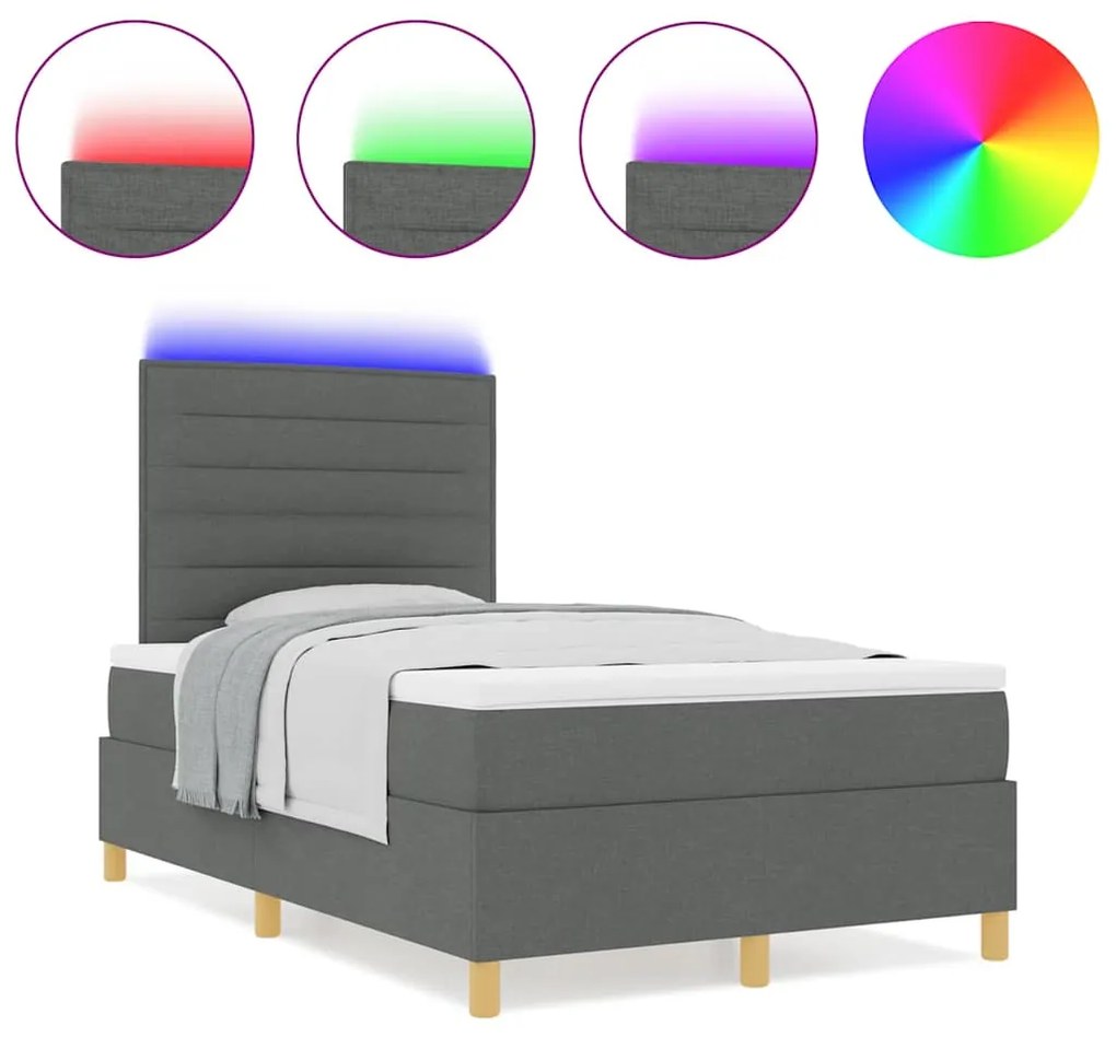 Cama Box Spring com Colchão &amp; LED Cinza Escuro 120x200 cm Tecido