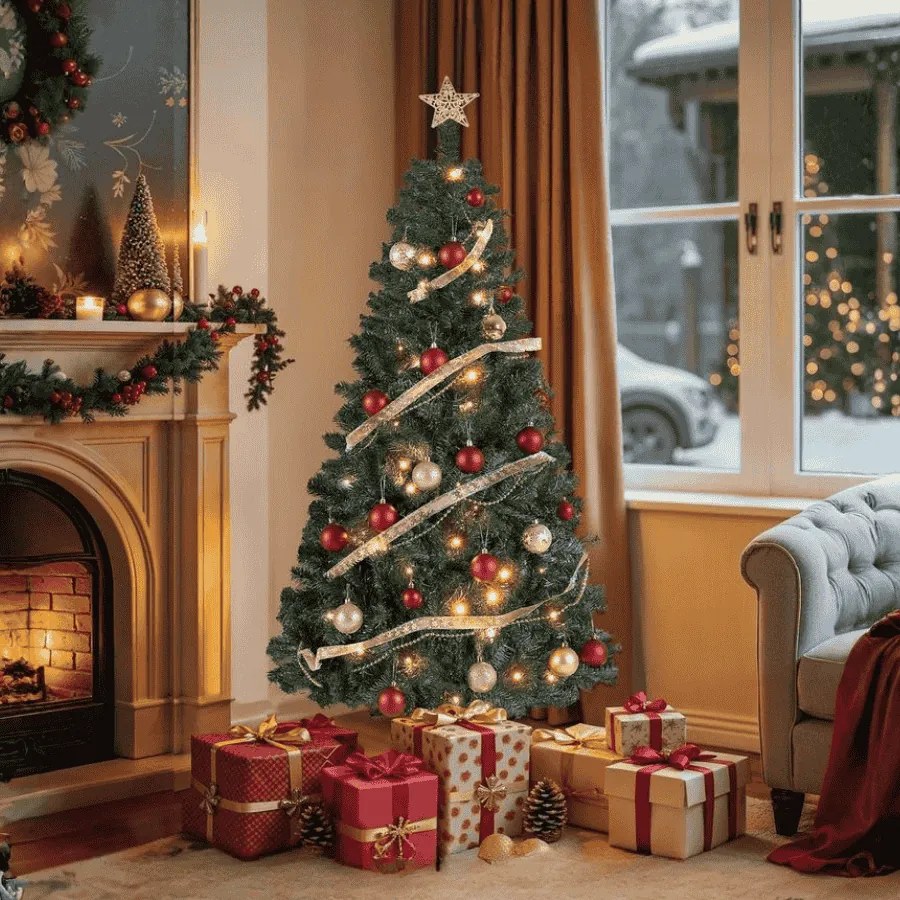 Árvore de Natal artificial 150 cm de altura com iluminação com (PACOTE BOLAS VERMELHAS) e com suporte metálico Verde