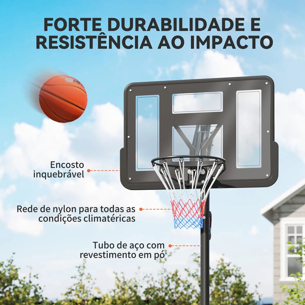 Cesto de basquetebol para Exterior com Altura Ajustável 235-305 cm Saco de Peso e Rodas Preto