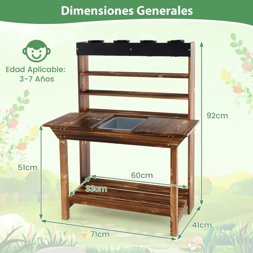 Mesa de jardim para crianças de abeto para crianças dos 3 aos 7 anos com pia amovível 4 vasos Quadro negro adicional Jardim