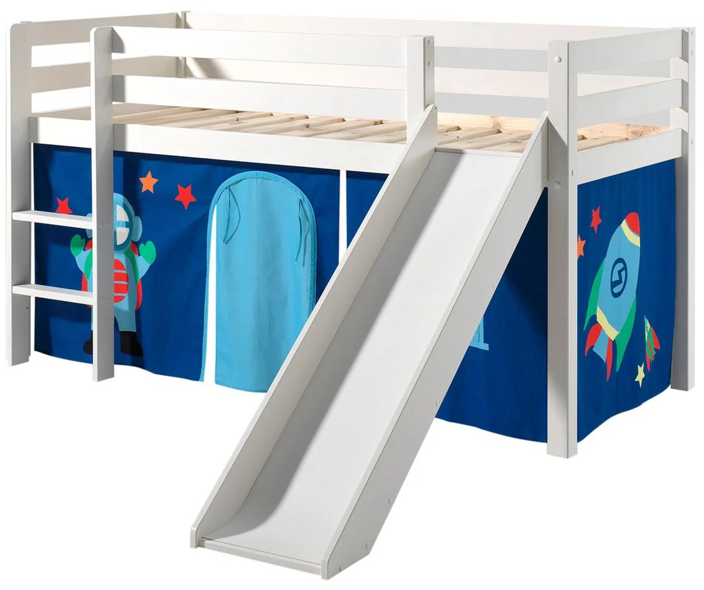 Conjunto Cama alta de Criança PINO 90 x 200 cm + estrado + escada + escorrega + cortina Astronauta branca