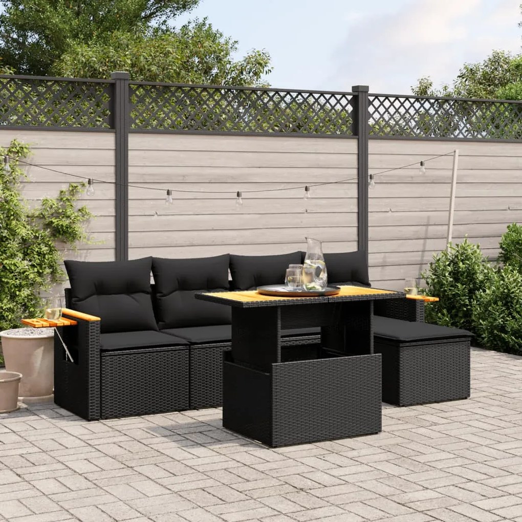 vidaXL 6 pcs conjunto sofás de jardim c/ almofadões vime PE preto
