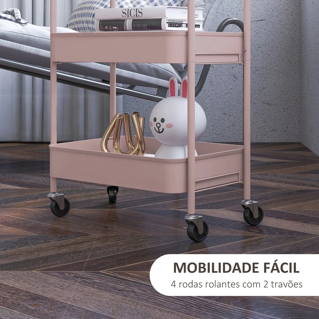 Carrinho Auxiliar de 3 Níveis com Rodas Carrinho de Armazenamento Deslizante para Cozinha Sala 45x30.6x79 cm Rosa