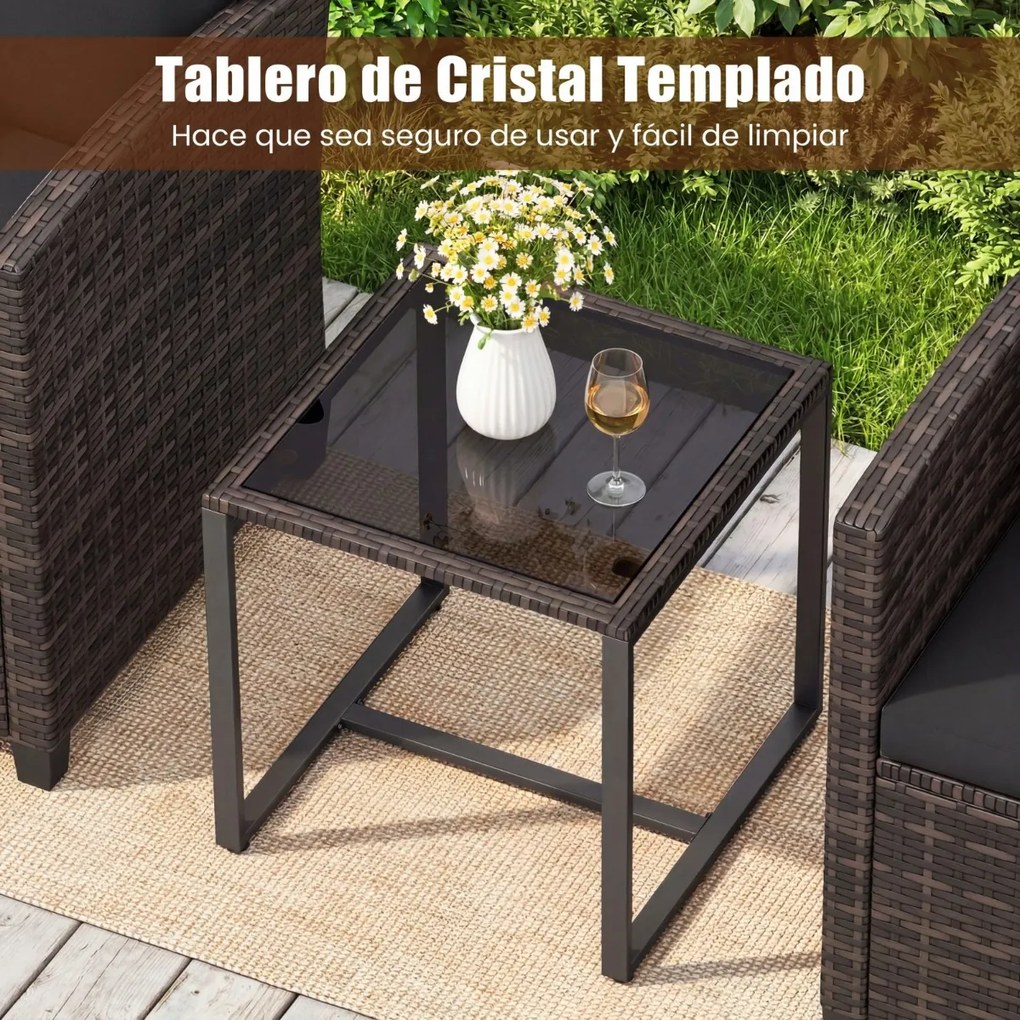 Conjunto de 3 móveis de rattan para jardim, com 2 cadeiras, mesa de vidro e almofadas pretas com capas removíveis, para jardim, terraço ou piscina Cas