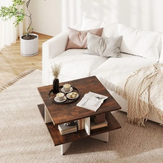 Mesa de centro quadrada 60 x 60 x 32,5 cm de 2 níveis com 4 compartimentos de armazenamento Base em forma de cruz Castanho rústico