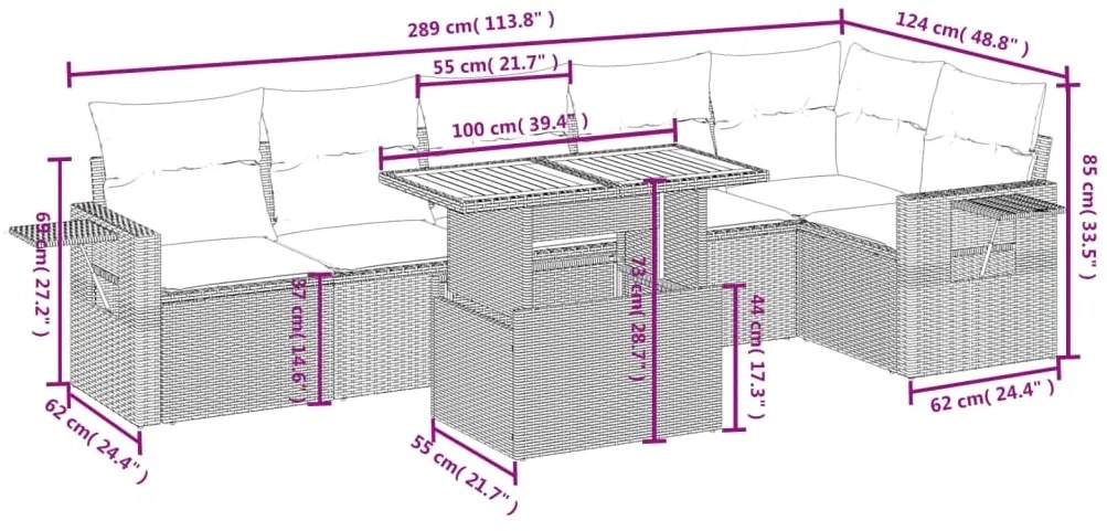 7 pcs conjunto de sofás p/ jardim com almofadões vime PE bege