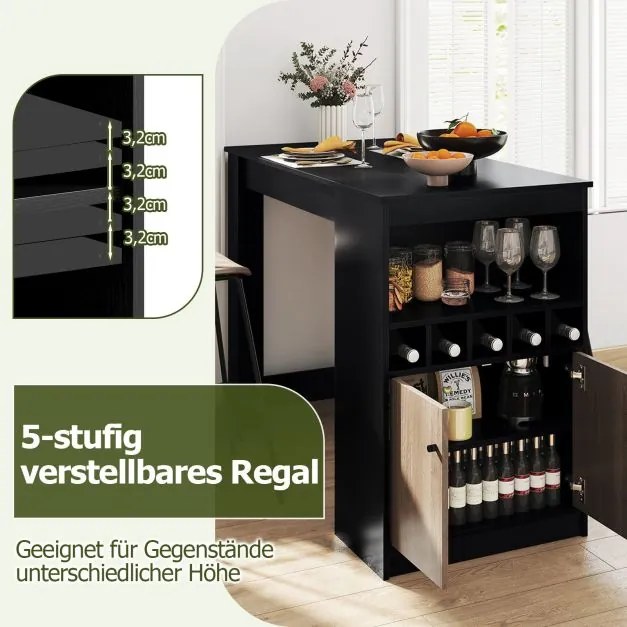 Mesa de bar, cozinha com prateleiras para vinhos 120 x 60 x 91,5 cm e compartimentos abertos e 2 portas, para 2 pessoas Preto + Cinza