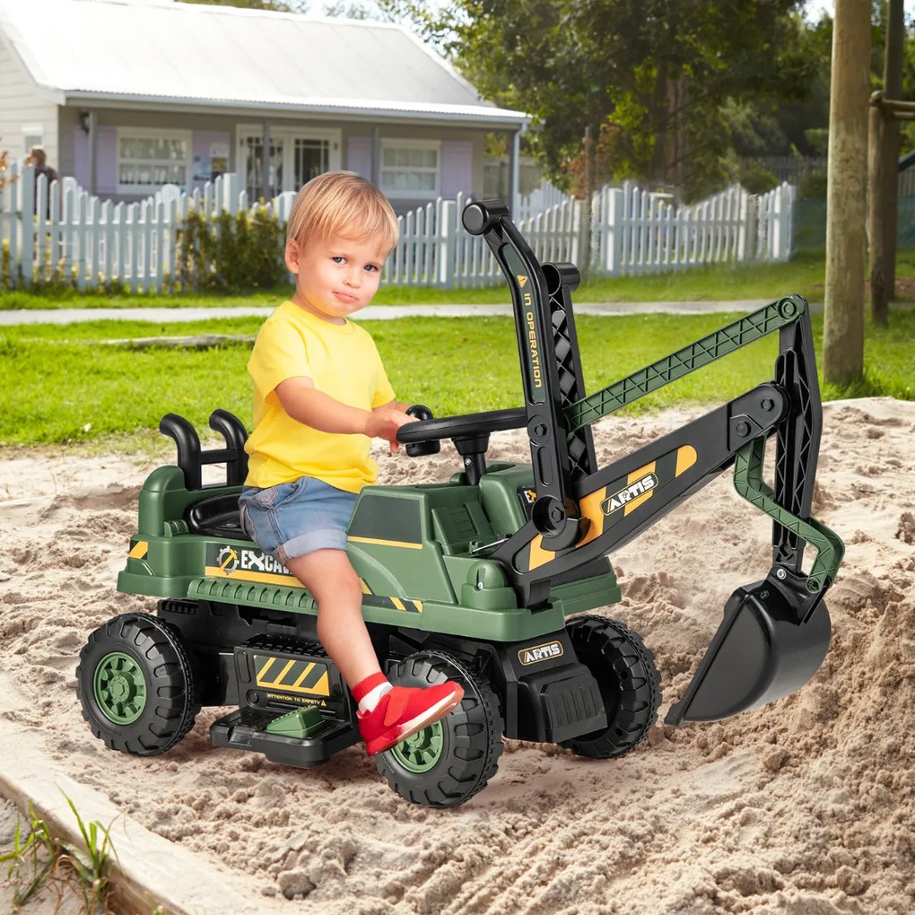 Trator escavadora infantil a bateria 6V com assento giratório para frente/para trás música de movimento 113 x 36 x 39 cm Verde