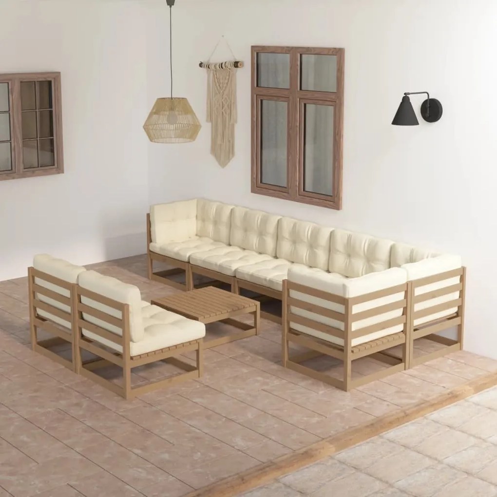 vidaXL 9 pcs conjunto lounge de jardim c/ almofadões pinho maciço