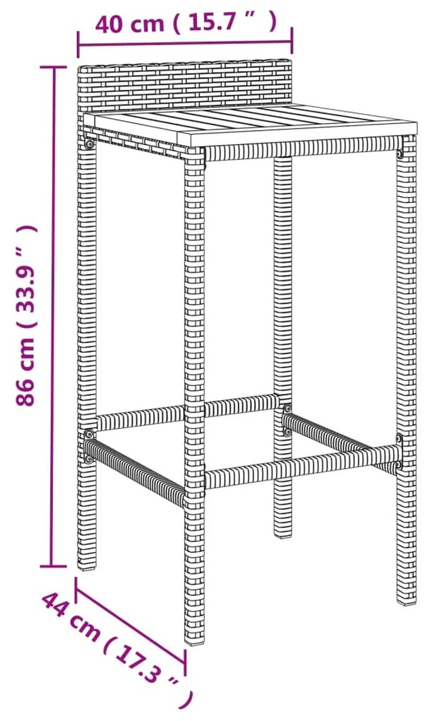 3 pcs conjunto de bar p/ jardim vime PE/acácia maciça cinzento