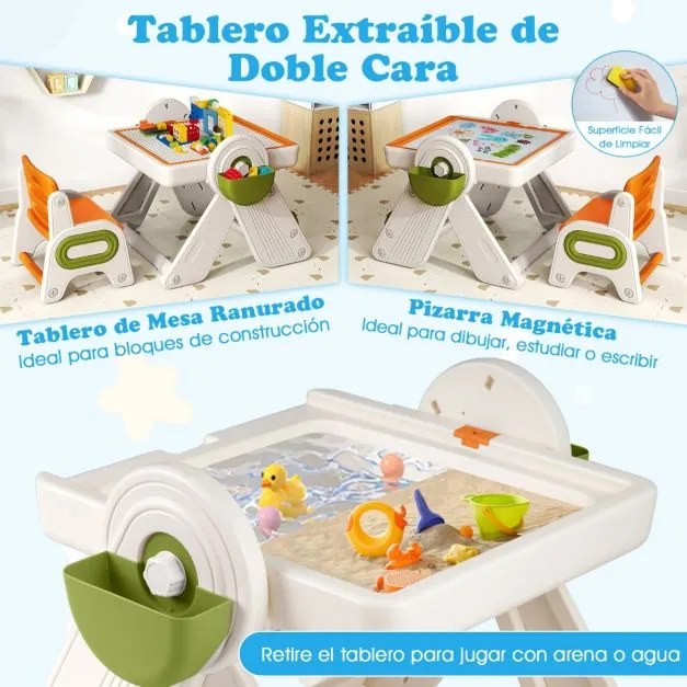 Conjunto de mesa e cadeira para crianças 6 em 1 Multi-atividade Cavalete dobrável para crianças com superfície reversível e ranhura laranja