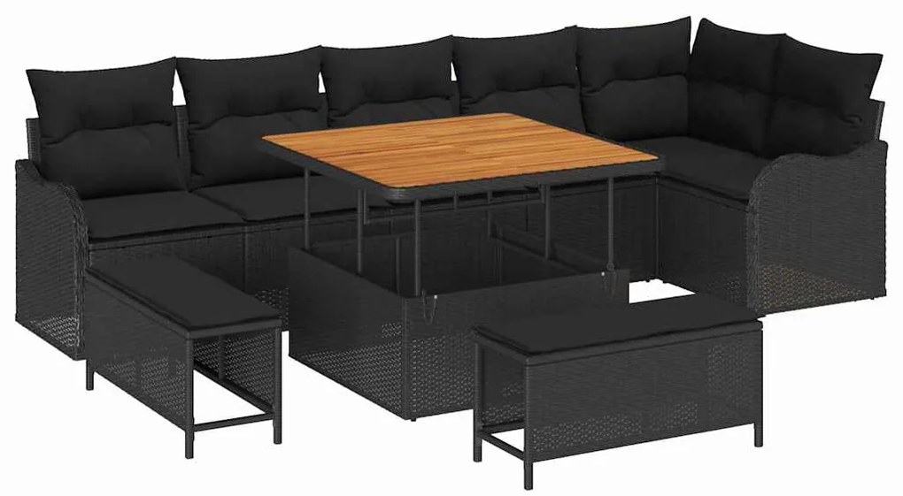 Conjunto de Sofá de Jardim 9 Peças com Almofadas Pretas em Polirattan