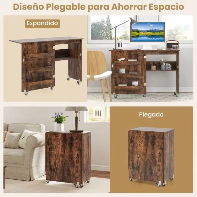 Mesa de costura dobrável com prateleira, 3 compartimentos ocultos e rodas bloqueáveis, 118,5 x 40 x 79,5 cm, castanho
