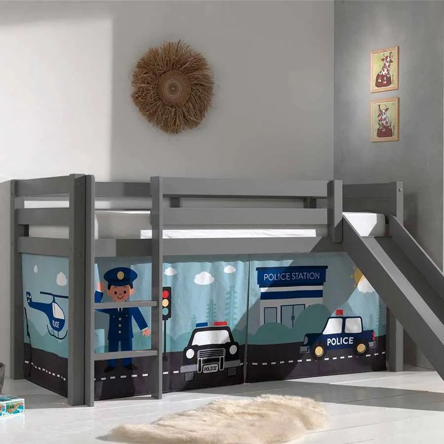 Cama alta de Criança PINO 90 x 200 cm + estrado + escada + escorrega + cortina Policia Cinzenta