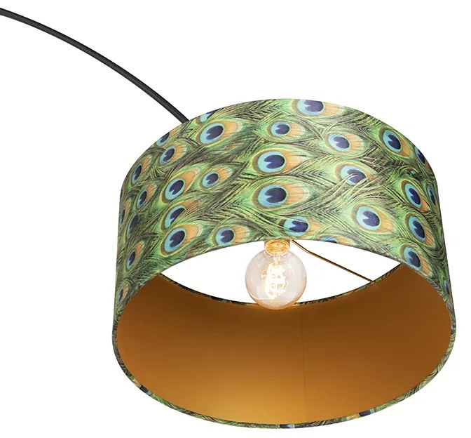 Candeeiro de Arco Botânico Preto com Abajur de Veludo Design Pavão 50 cm - XXL