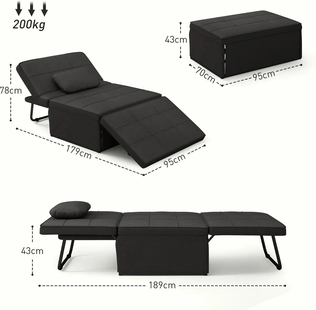 Sofá-Cama "Açores" 3 em 1 - Preto - 95x179x78 cm - Linho e Metal - Des
